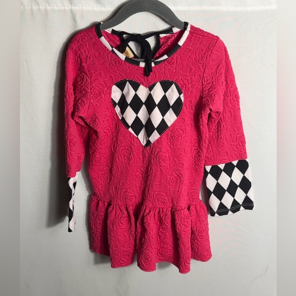 Mia Belle Pink Embossed Heart Harlequin Peplum Dress Girls Size 6Y